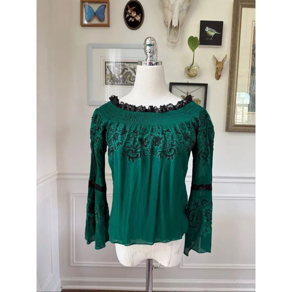 VintageβCollection Green Black Embroidered Bead Lace Western Boho Blouse Top S